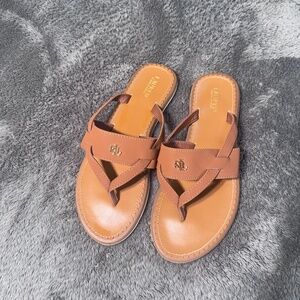 Lauren Ralph Lauren Sandals Brown Leather Thong Gold Logo Size 9 -  Classic Summ
